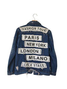 Distressed Denim Jacket Paris New York London Milano Oversized Glam Supermodel